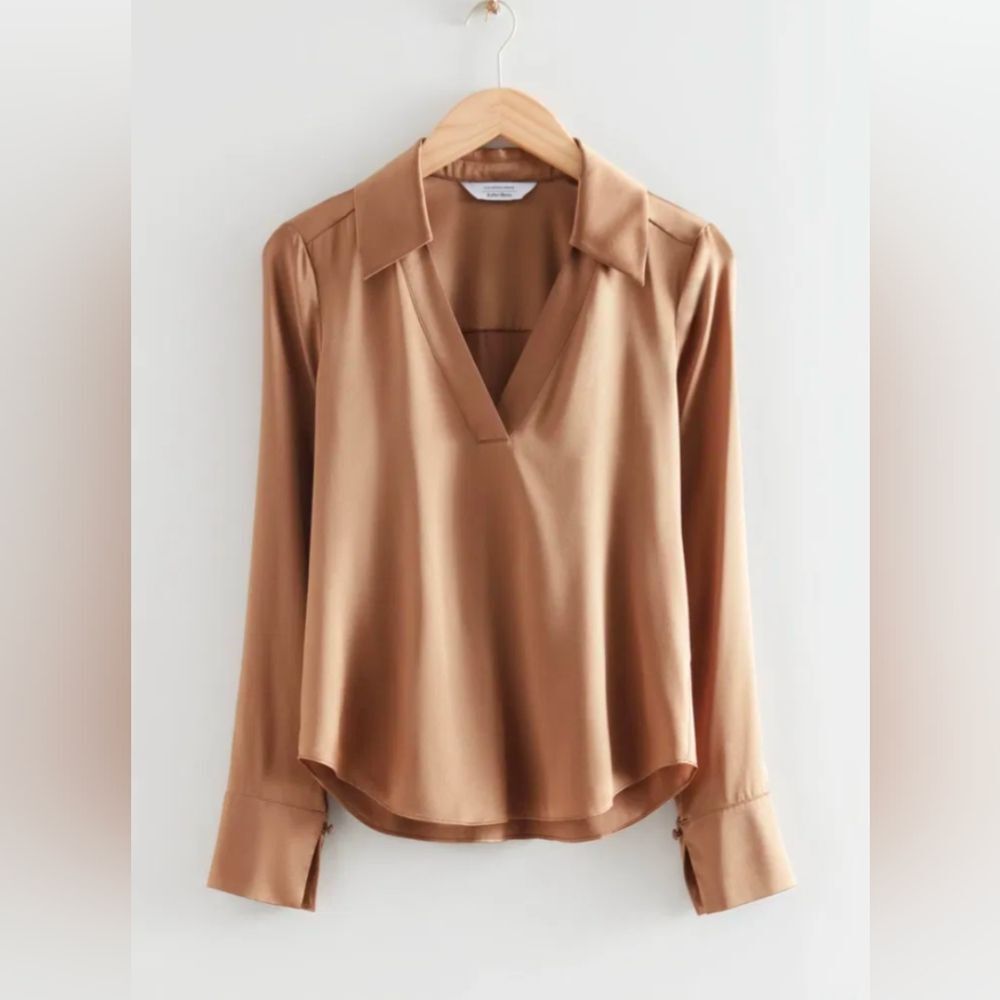 & OTHER STORIES Boxy Silk Long Sleeve Shirt Blouse Size 4 Henley V-Neck Brown
